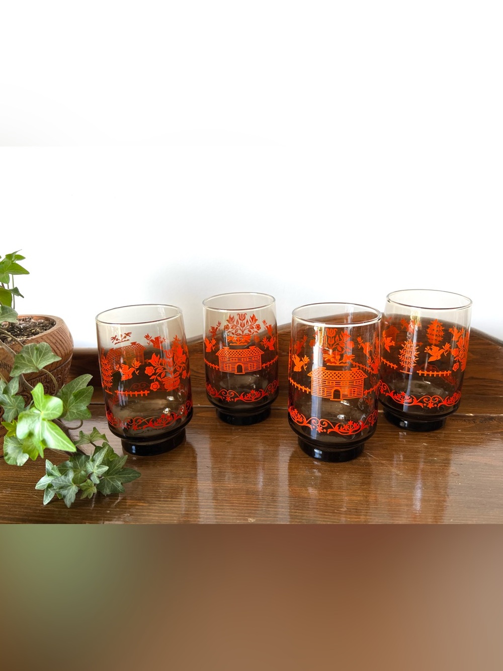 4 Vintage Libbey St. Clair Amber Glass Set - Folk Art Autumnal - Like New